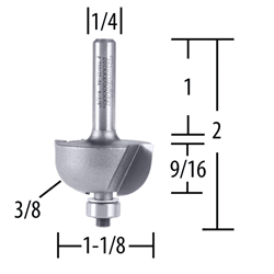 Router Bit 3/8" Cove, 2 Flute, 1/4" SH, C.T.