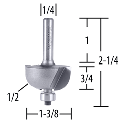 Router Bit 1/2" Cove, 2 Flute, 1/4" SH, C.T.
