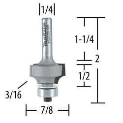 3/16" Corner Round, 2 Flute, C.T. Router Bit, 1/4" Shank 